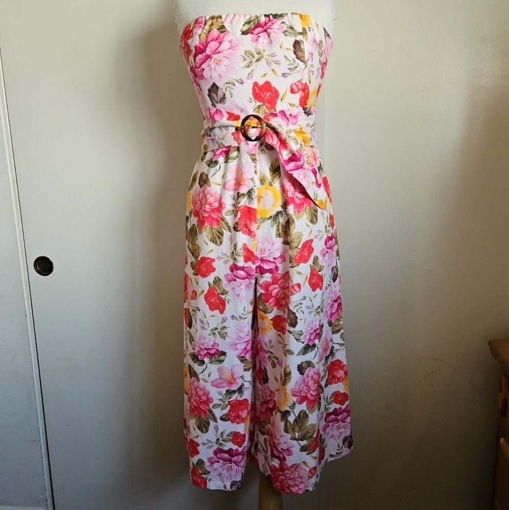 Venus Floral Peony Linen Blend Strapless Palazzo Jumpsuit Belted With Pockets 10